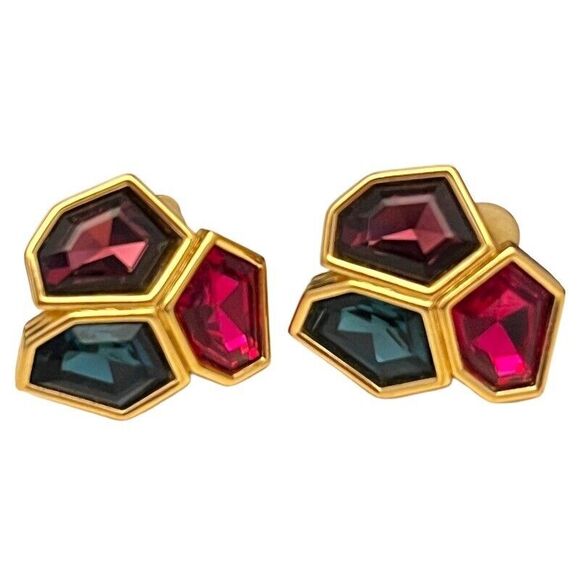 Authentic Swan Signed SWAROVSKI Earrings Gold Tone Jewel Tone Crystal Vintage 6W - Picture 1 of 3